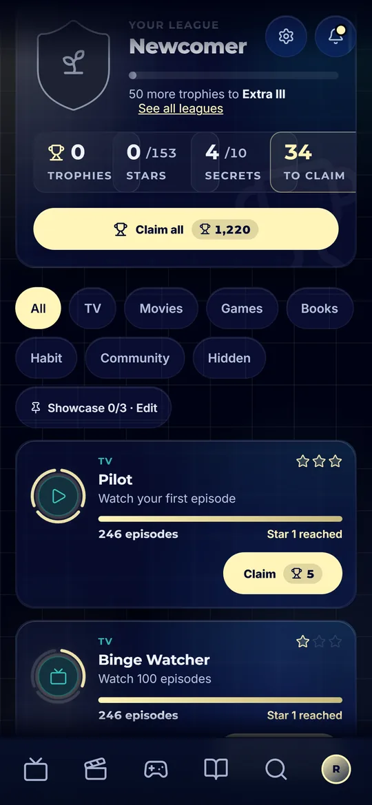 The achievements hall of the Catalogie app on a phone - the league card with trophies, stars and Claim all, above the first achievements