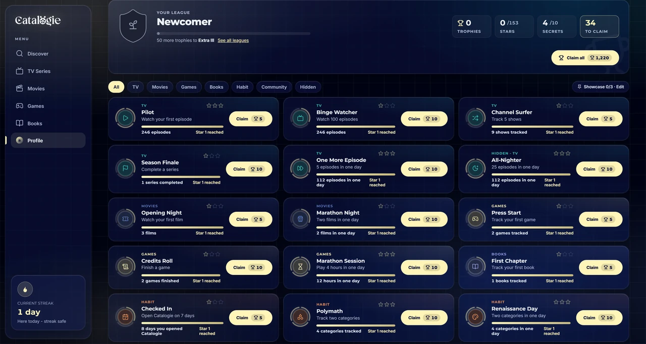 The achievements hall in the Catalogie app - a league card with trophies and stars, above a grid of achievements with progress bars