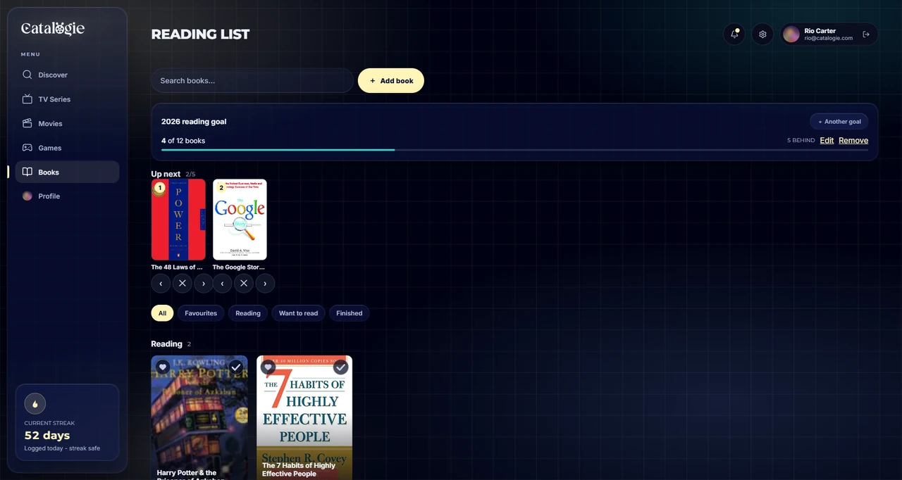 The Catalogie book tracker, showing a yearly reading goal, the Up next queue and the books currently being read.