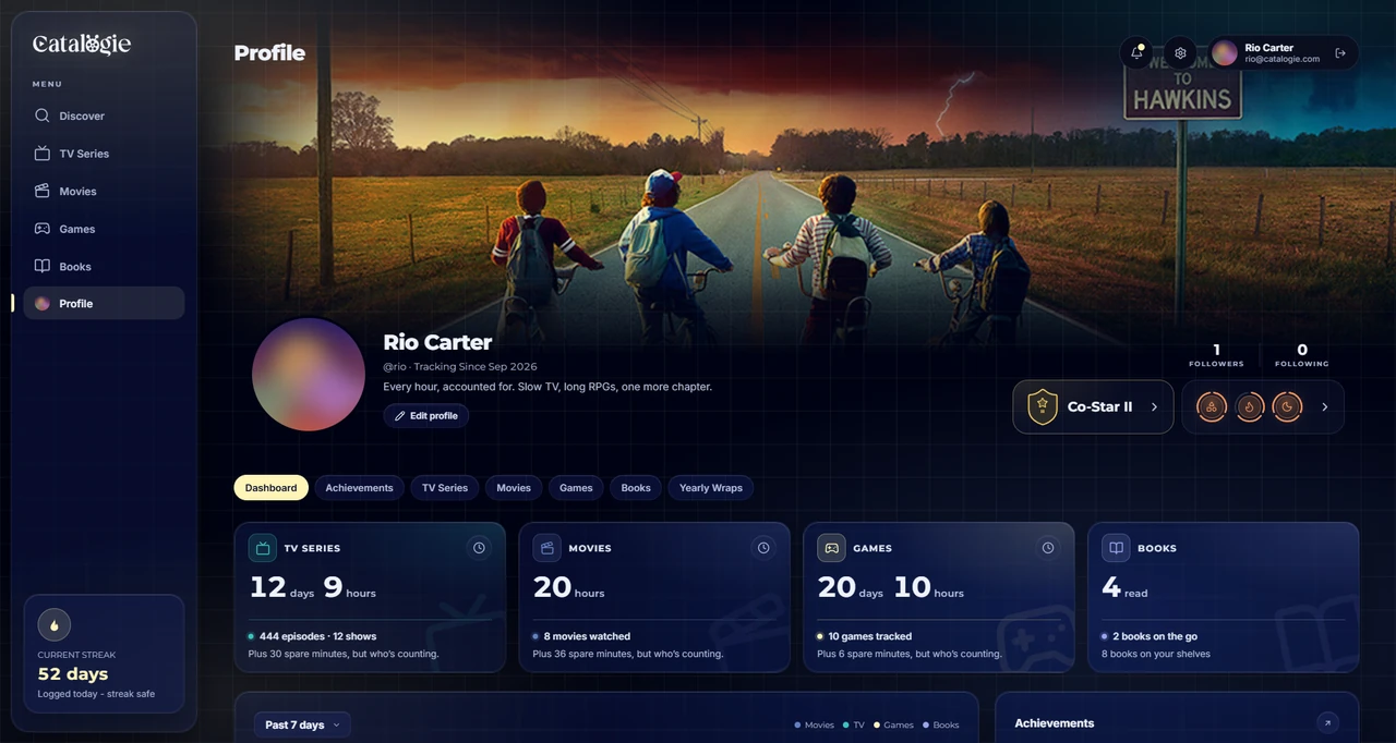 The Catalogie dashboard, with a day streak, recent activity and stats across movies, TV, games and books