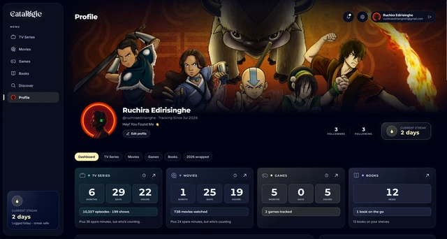 Your profile dashboard in the Catalogie app - time tracked across TV, movies, games and books