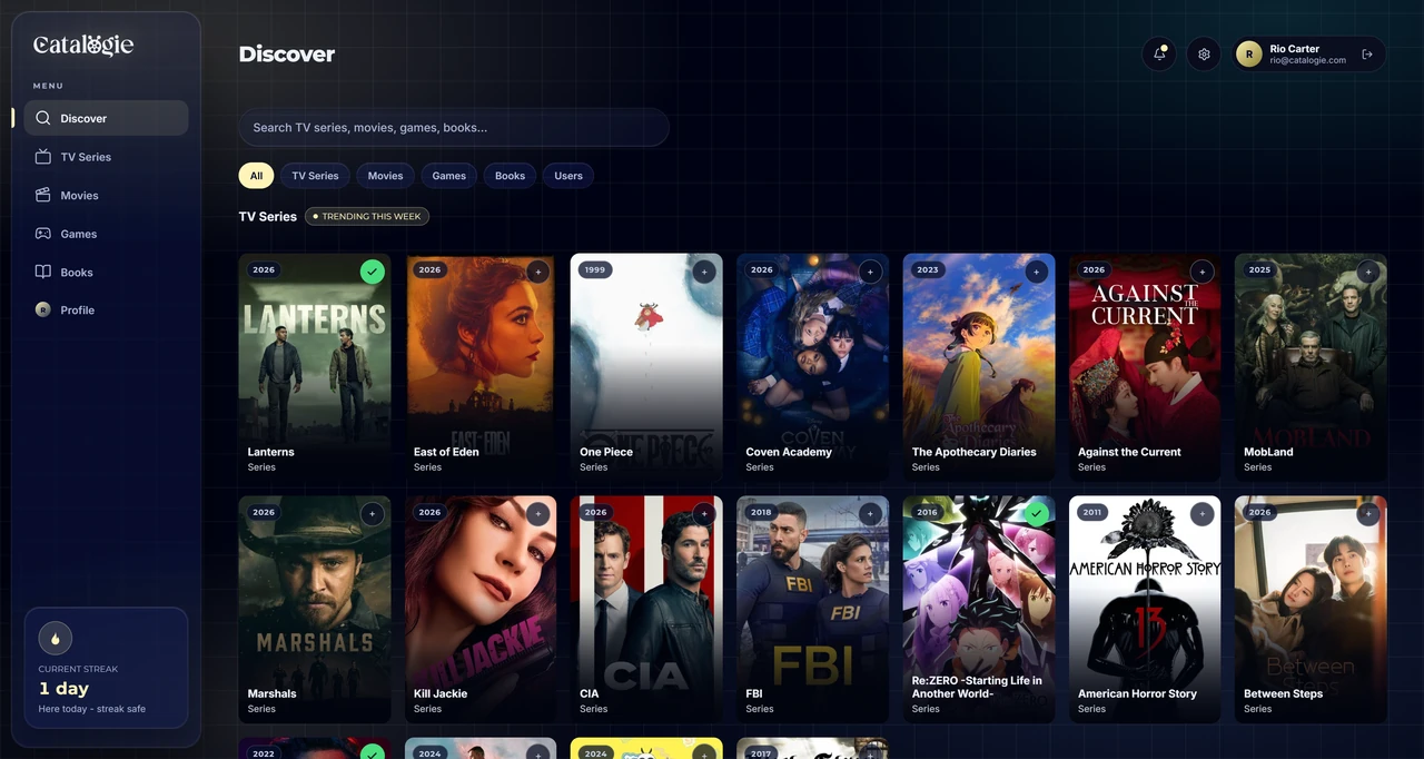 The Catalogie app's discover page, with trending movies, series, games and books