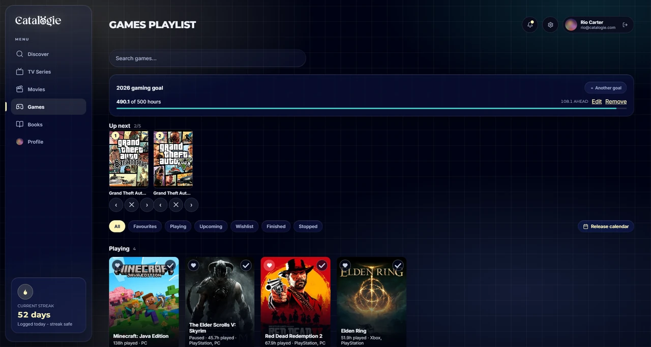The Catalogie game tracker, showing a yearly hours goal, the Up next queue and games in progress with hours played and platform.