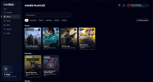 The Games section of the Catalogie app