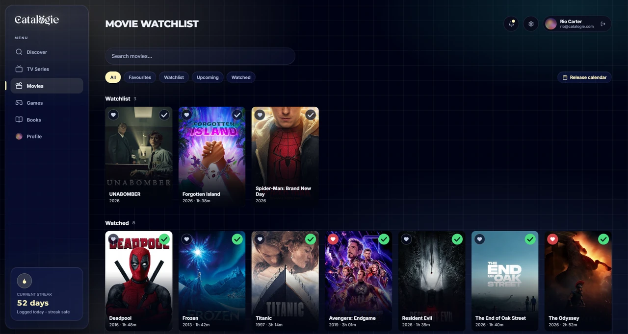 The Catalogie movie tracker, showing watched films with ratings, watch dates and progress.