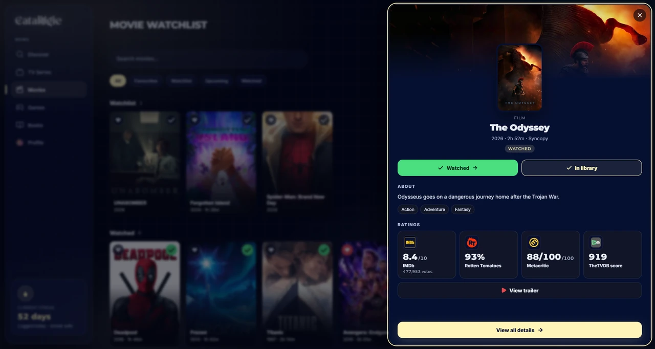 The quick view panel in the Catalogie app, showing a film's artwork, summary, genres and ratings beside the movie library