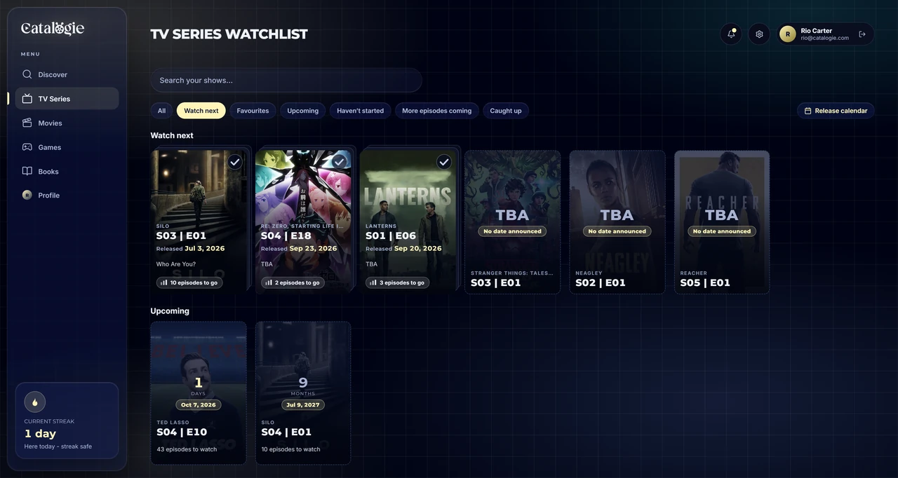 The TV series watchlist in the Catalogie app, with a Watch next row of shows, their next episode and a countdown to its release