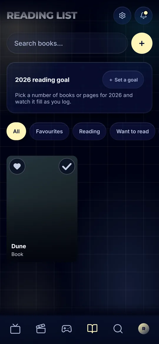 The reading list of the Catalogie app on a phone, with the yearly reading goal above the shelf filters and books