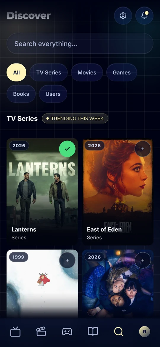 The Discover tab of the Catalogie app on a phone - a search bar, filters for TV series, movies, games, books and users, and a grid of trending series