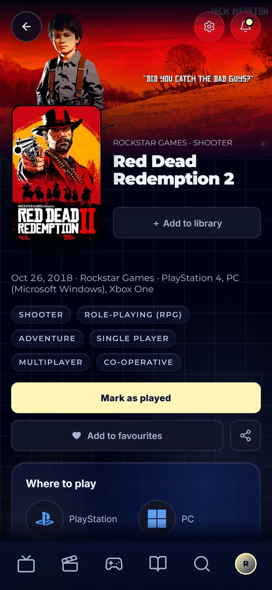 A game page in the Catalogie app on a phone - Red Dead Redemption 2 with its genres, a Mark as played button and where to play it