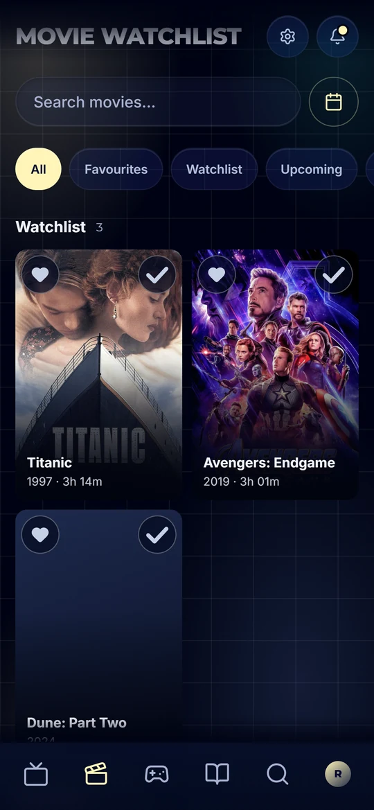 The movie watchlist of the Catalogie app on a phone - filters for favourites, watchlist and upcoming above a grid of film posters