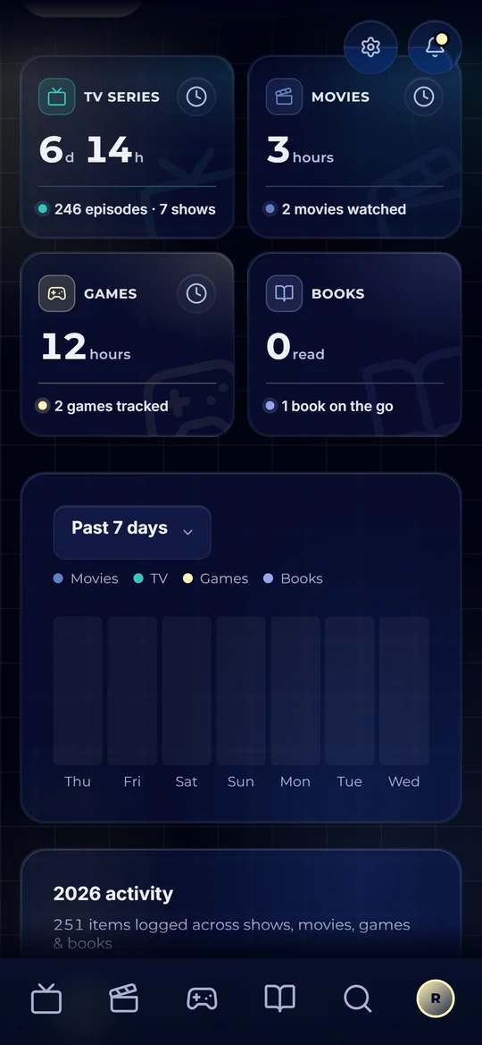 The Catalogie dashboard on a phone - time spent on TV series, movies, games and books, with the books on the go