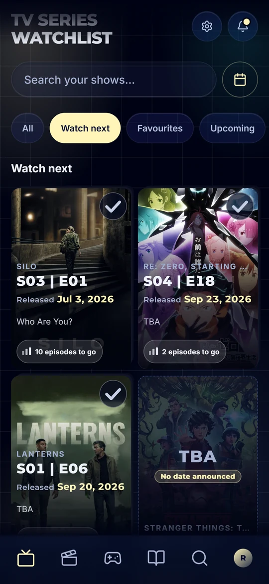 The TV series watchlist of the Catalogie app on a phone, with the next episode of each show and a countdown to its release